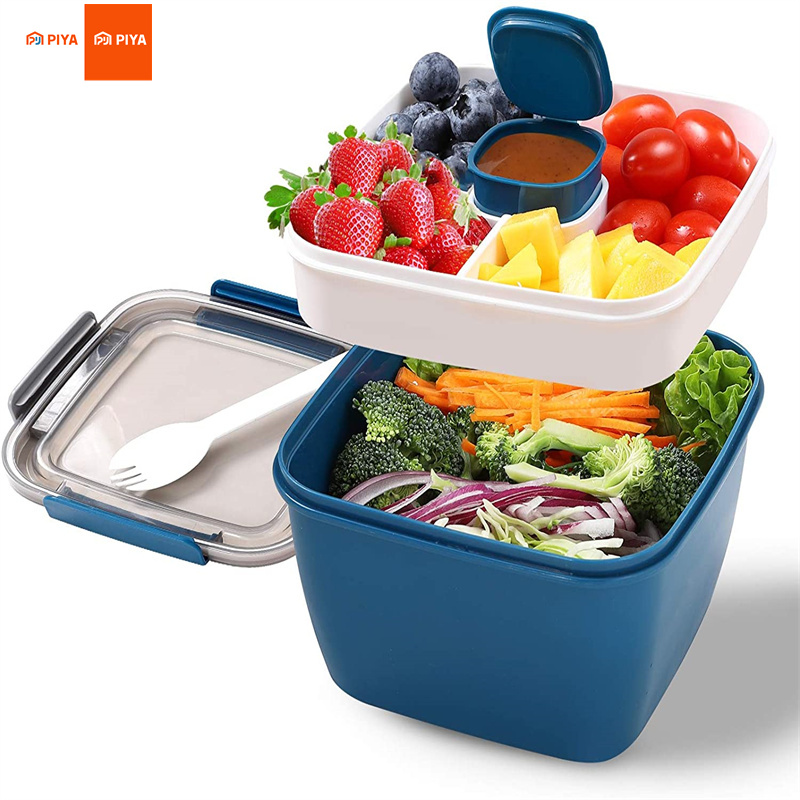 Food Storage With Compartments - Tragbarer Salat-Lunchbehälter, Salatschüssel, 2 Fächer mit
