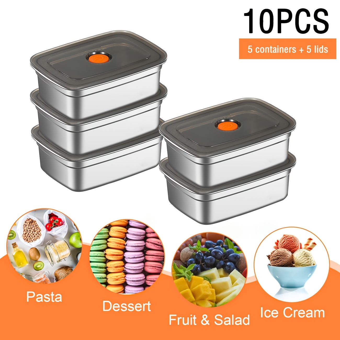 Food Storage Restaurant - 10-teiliges Edelstahl-Lebensmittelbehälter-Set mit Deckeln, Auslaufsicher und