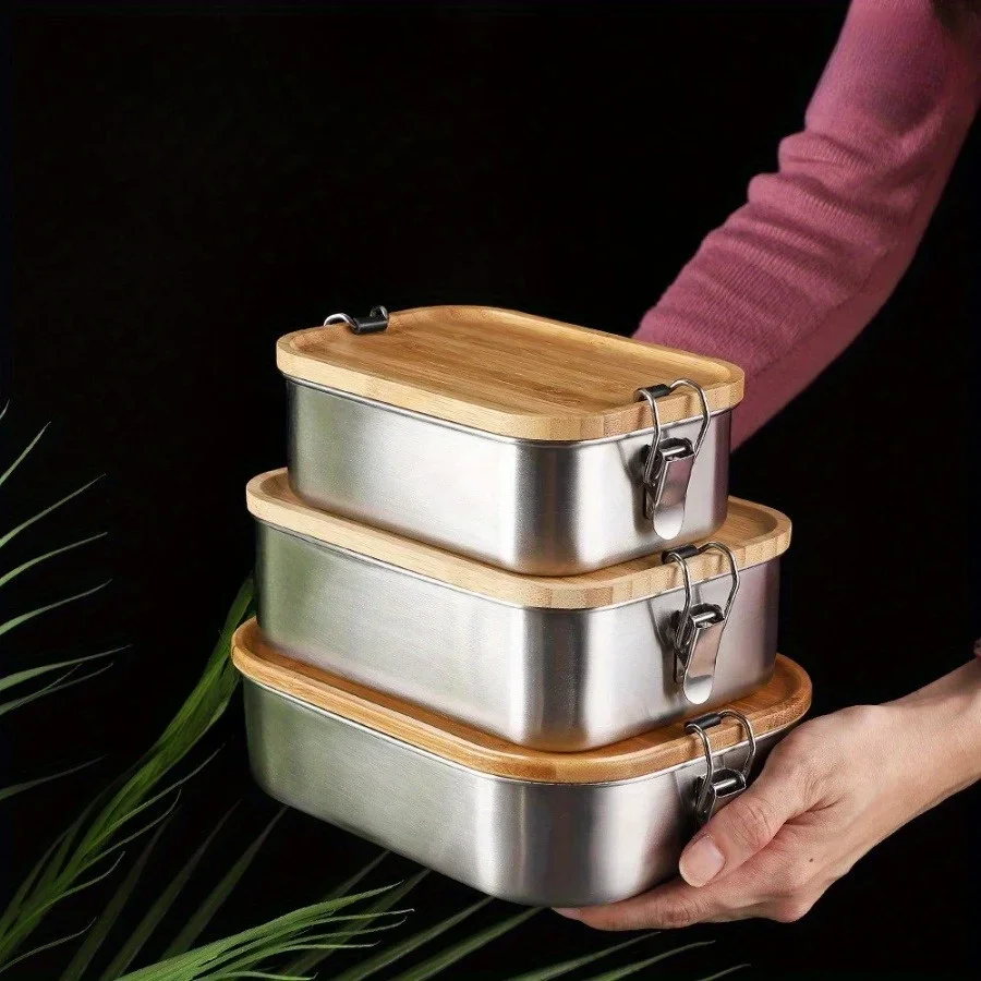 Food Storage On Table - Neue Lunchbox mit Bambusdeckel aus Edelstahl