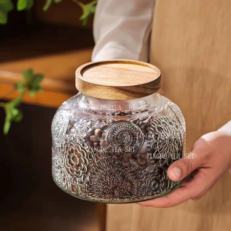 Food Storage Jars Airtight - Geprägtes Glas-Vorratsgefäß mit Holzdeckel, Vintage Luftdichte